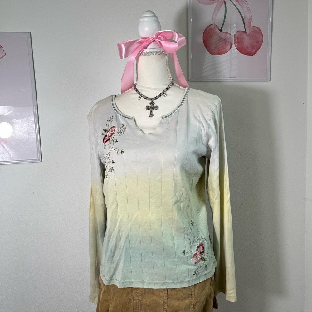 Vintage Y2K Boho Ombre Green White Long Sleeve Shirt Womens Large
